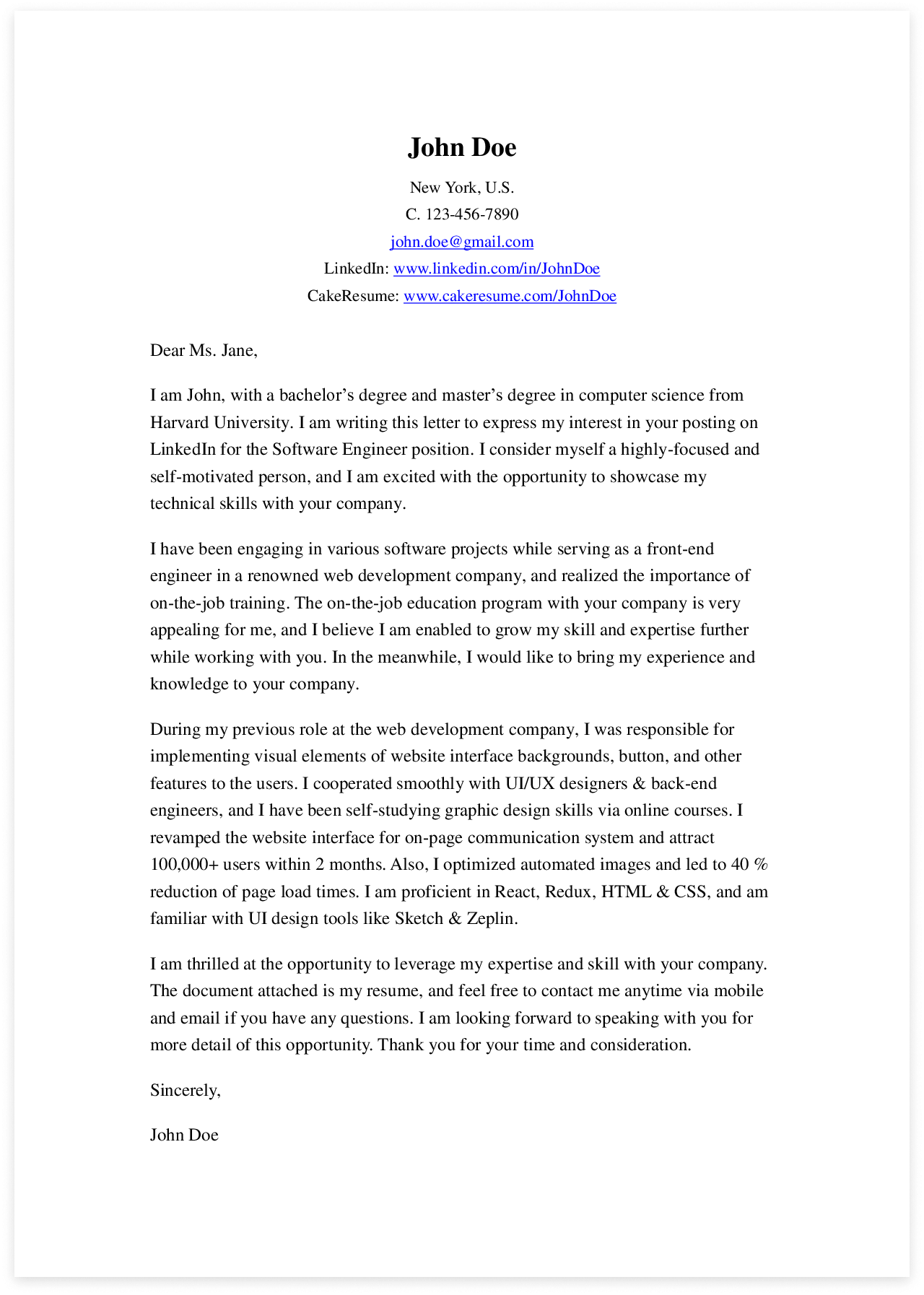 cover letter sample 英文求职信样本,提升求职成功率